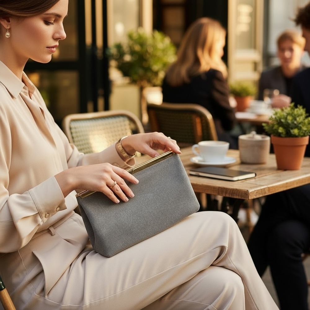 Vintage Etra Grey Genuine Leather Suede Clutch Gold Frame Chain‎ Evening Bag